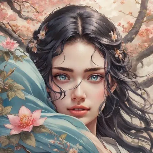 jasmine blossom,fantasy portrait,persephone,beautiful girl with flowers,girl in flowers,flower fairy