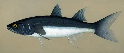 a black fish, white bottom, big eyes,tangye,ulua,blue stripe fish,trevally,bluefin,blackfin,menhaden,trevanian,bluefish,ikan,mbuna,thunnus,fish tern,leptocephalus,mackerels,tretchikoff,codling,salveli