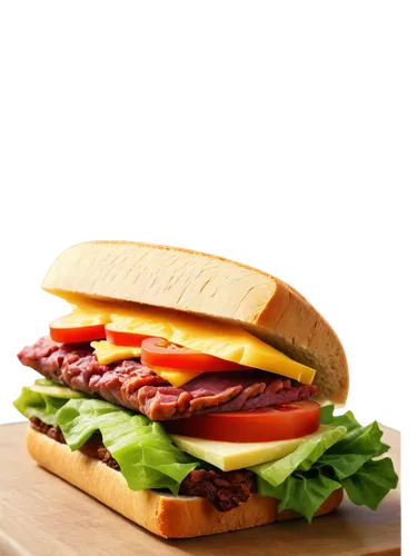 Delicious sandwich, freshly made, crusty bread, lettuce, tomato, juicy meat, melted cheese, colorful condiments, detailed textures, shiny surface, slight angle view, close-up composition, soft natural