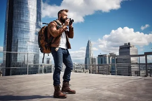 Muscular man, architecture hunter, rugged beard, brown leather jacket, white shirt, dark blue jeans, black boots, backpack, binoculars, map, compass, urban setting, cityscape, modern skyscraper, steel