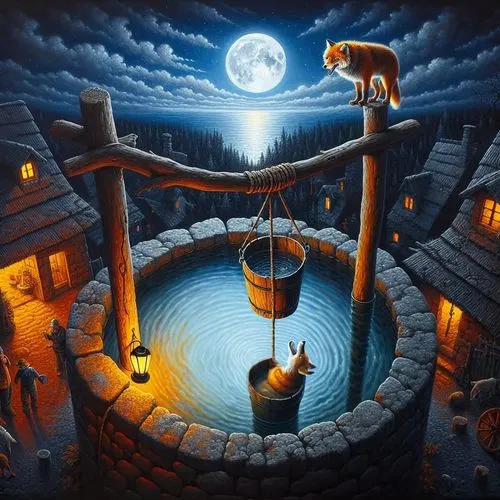 wishing well,fantasy picture,hanging moon,kittelsen,witch's house,rescue alley,night scene,the wolf pit,mostovoy,fantasy art,potter's wheel,ancient house,cauldron,tulou,cauldrons,woman at the well,halloween scene,townsmen,salem,oscura