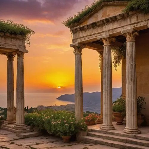 greek temple,ancient greek temple,doric columns,temple of poseidon,house with caryatids,capri,positano,temple of diana,greece,taormina,corfu,three pillars,campania,ancient roman architecture,sicily,pillars,greek island,classical architecture,greek islands,roman columns,Art,Classical Oil Painting,Classical Oil Painting 19