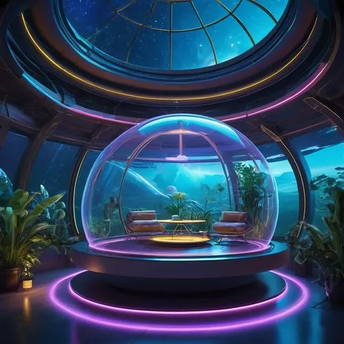 Futuristic bathosphere, transparent glass dome, metallic framework, neon lights, misty atmosphere, floating plants, spherical seats, holographic displays, virtual assistant, soft blue lighting, reflec