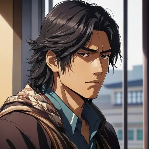 Native American portrait in his 20s, very handsome, brown expressive eyes, black tousled hair, calming atmosphere, ambient lighting, wearing traditional Native American clothing ,hiroji,ryunosuke,wata