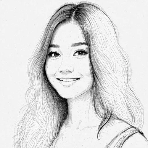 女生，黑色头发,an image of a smiling woman with long hair,angel line art,girl drawing,ailee,sharlene,heyne,shilla,Design Sketch,Design Sketch,Black and white Comic