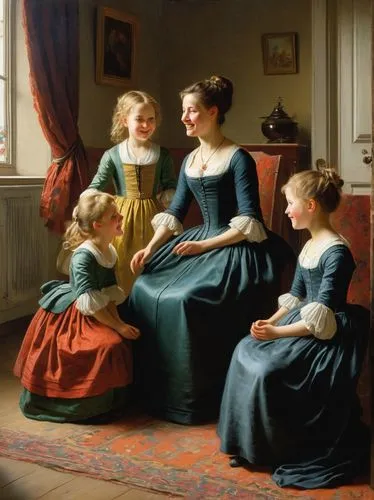 In a bright living room sits a mother. She has a thoughtful expression on her face as she looks at her three daughters playing to her right. The children are full of energy and joy as they laugh and f