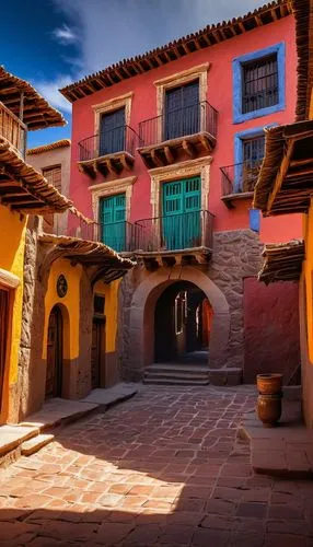 Bolivian architecture, traditional Andean style, adobe buildings, ornate wooden doors, colorful textiles, vibrant ceramic tiles, rustic stone walls, intricately carved wooden balconies, arched windows