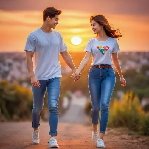 Young couple, loving gaze, gentle smile, soft focus, romantic atmosphere, beautiful skin tone, detailed hair, natural makeup, casual wear, t-shirt, jeans, sneakers, relaxed posture, holding hands, int