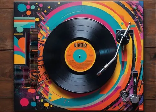 Vinyl record album cover, retro aesthetic, 12-inch square format, bold typography, colorful abstract artwork, geometric shapes, psychedelic patterns, glossy finish, matte background, central focal poi