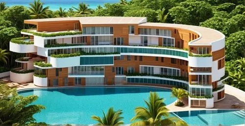 Create an image of a beachy residence building in Las Terrenas, Santo Domingo. The picture should show a curved apartment buildings  with a green walls vertical facade and wood feautures. It shows a p