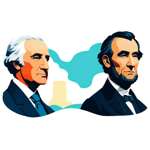 Cute Presidents' Day clipart, cartoon style, George Washington, Abraham Lincoln, Mount Rushmore, American flag, patriotic theme, bright colors, bold lines, simple shapes, 2D illustration, flat design,