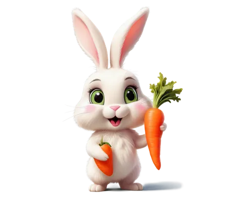 Cute bunny, white fur, pink nose, big eyes, fluffy ears, standing on hind legs, holding carrot, green background, soft focus, warm lighting, shallow depth of field, pastel color tone, 3/4 composition.