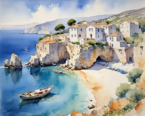 coastal landscape,greek island,palizzi,greek islands,elytis,watercolorist,hellenic,sea landscape,watercolor,aquarelle,greece,cyclades,italian painter,ionian,navagio,dubrovnic,boat landscape,grecia,cres,watercolor painting,Illustration,Paper based,Paper Based 23