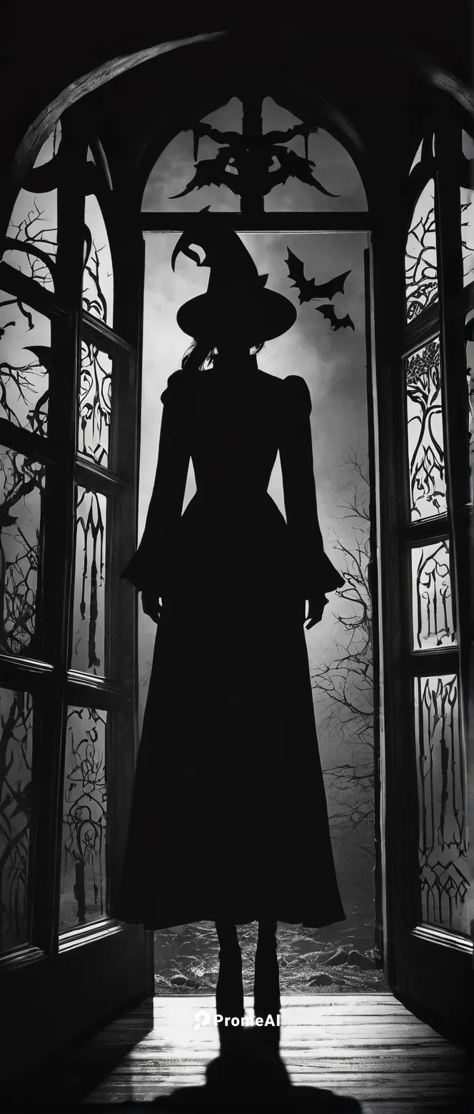 Write a horror story set in a haunted mansion where a cursed vidro brings forth vengeful spirits, terrorizing anyone who possesses it.,halloween silhouettes,witch house,in the shadows,the witch,woman 