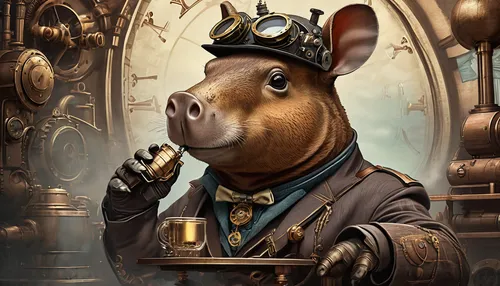 steampunk,hippopotamus,inspector,steam icon,pig,bronze horseman,working animal,electric donkey,conductor,rhinoceros,weehl horse,tapir,anthropomorphized animals,vintage horse,pot-bellied pig,clockmaker,brown horse,boar,winemaker,hippo,Conceptual Art,Fantasy,Fantasy 25