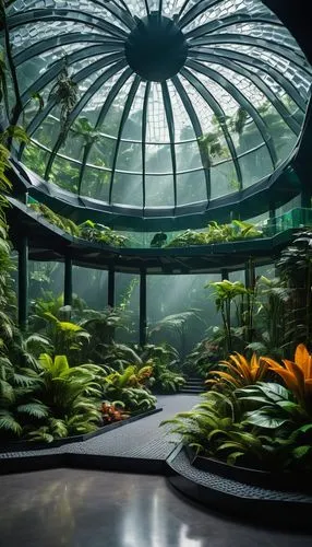 Amazon Spheres, Lego Architecture, futuristic building, modern design, glass dome, steel framework, vibrant green walls, sleek lines, minimalist interior, tropical rainforest atmosphere, exotic plants