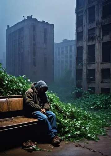 Abandoned skyscraper, ruined cityscape, broken windows, shattered glass, crumbling concrete walls, rusty iron beams, overgrown with vines, dimly lit, eerie atmosphere, foggy night, urban decay, desola