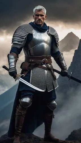 Muscular man, Quenthel Baenre, warrior, solo, (30yo), strong facial features, short white hair, blue eyes, scars on face, leather armor, silver shoulder pads, chain mail gloves, holding a large sword,