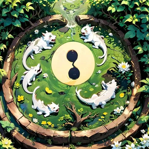 overworld,circle around tree,unown,yinyang,mononoke,spiral background,time spiral,flora abstract scrolls,pancham,mizumaki,kodama,koru,uzumaki,japanese garden ornament,sinnoh,trigrams,amaterasu,yggdrasil,circular puzzle,circle,Anime,Anime,General