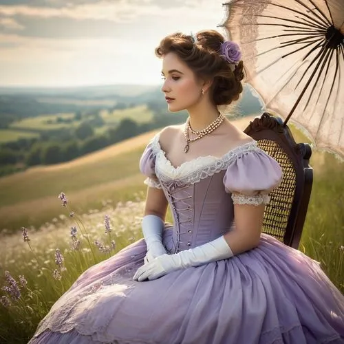 jane austen,victorian lady,cinderella,la violetta,hoopskirt,victorian fashion,southern belle,crinoline,the victorian era,girl in a historic way,enchanting,the lavender flower,rapunzel,ball gown,country dress,princess sofia,beautiful bonnet,overskirt,bodice,romantic portrait,Illustration,Realistic Fantasy,Realistic Fantasy 16