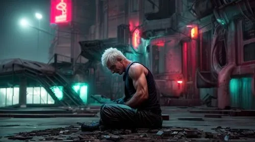 A shirtless Roy Batty Nexus 6 replicant seated on the floor on a vast, open rooftop. His posture is one of dejection, with his head bowed down, suggesting introspection or defeat. The setting is Blade