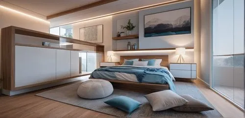 Modern Interior Design, modern bedroom, timber, light blue blanket
,modern room,bedroom,sleeping room,guest room,smart home,room divider,danish room,inverted cottage,3d rendering,children's bedroom,be