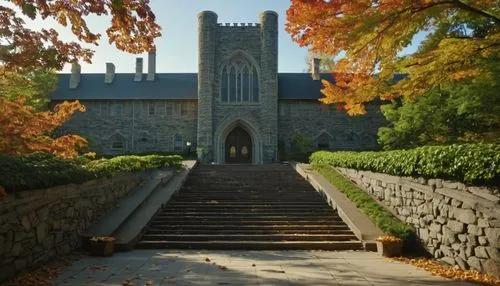 Cornell University, Ithaca, New York, USA, modern, brutalist, gothic, collegiate gothic, stone walls, slate roofs, ornate details, grand staircase, high ceilings, wooden doors, stained glass windows, 