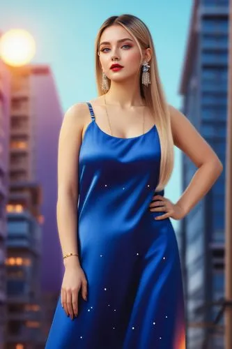 80s,a woman is wearing a blue dress and standing on a sidewalk,ambani,social,blue dress,sukhteh,tamannaah,azerbaijan azn,Illustration,Japanese style,Japanese Style 03