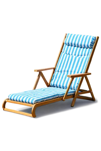 Beach chair, wooden frame, soft cushions, striped fabric, armrests, adjustable backrest, reclined position, sandy beach, seaside, calm ocean waves, blue sky, fluffy white clouds, morning sunlight, war