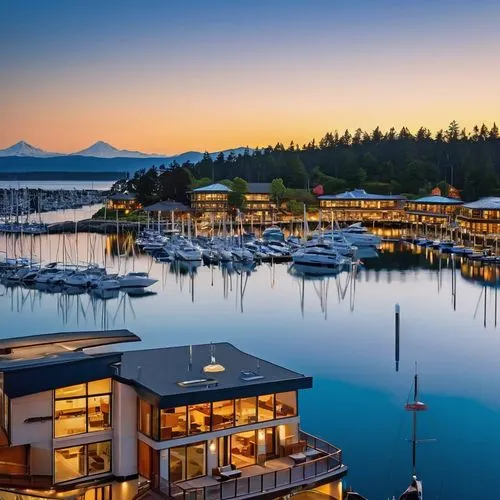 Friday Harbor waterfront, modern architecture, curved lines, glass facade, wooden accents, nautical-themed decorations, sailboat-inspired roof, spacious balconies, floor-to-ceiling windows, panoramic 