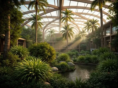 Vibrant botanical garden, lush greenery, tropical plants, warm natural light, misty atmosphere, rustic wooden frames, modern glass structures, curved lines, organic shapes, earthy tones, calming ambia