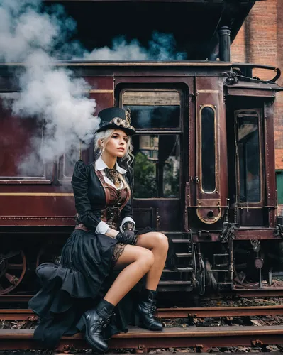 photonuvo-steam-punk-senior-model-dressed-steampunk-style-sitting-on-train-steps-surrounded-by-steam,steampunk,steam train,steam locomotive,steam locomotives,ghost locomotive,steam railway,freight loc