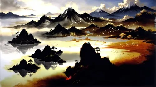 fantasy landscape,erebor,karst landscape,mountainous landscape,mountain world,mountains,gondolin,volcanic landscape,mountain landscape,mountain scene,mountain plateau,landscape background,tirith,alpine landscape,virtual landscape,desert landscape,high mountains,world digital painting,autumn mountains,mountain valleys,Illustration,Paper based,Paper Based 30