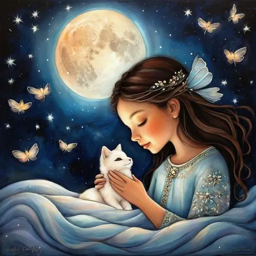 cat lovers,children's fairy tale,white cat,moon and star,moonlit night,blue moon rose,fairy tale,moonbeam,fantasy picture,oil painting on canvas,the moon and the stars,moonflower,moon night,moon addicted,cat love,a fairy tale,art painting,fantasy art,little girl and mother,dream world,Conceptual Art,Daily,Daily 34