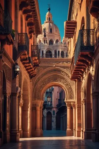 Spanish architecture, medieval, ancient, stone walls, ornate facades, grand entrance, heavy wooden doors, intricate carvings, Moorish influence, Islamic patterns, arches, domes, bell towers, terracott