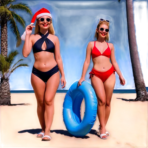 christmas on beach,santa claus at beach,two piece swimwear,santa and girl,xmas card,santa hats,summer icons,christmas dolls,blonde girl with christmas gift,christmas card,feliz navidad,bell and candy cane,modern christmas card,christmas figure,santa barbara,happy holidays,digital compositing,santa clauses,christmas greeting,jingle bells,Photography,Documentary Photography,Documentary Photography 06