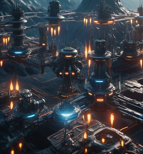 raiden fighters videogame battle scene.,mining facility,scifi,metropolis,futuristic landscape,valerian,dreadnought,ship yard,refinery,sci - fi,sci-fi,sci fi,space port,turrets,space ships,salvage yard