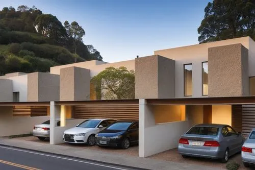 conjunto de casas modernas  mantener  volumenes y formas , en primer p`lano es calle de asfalto ,this modern house has two carports, and three cars parked in front of them,fresnaye,townhomes,residenci