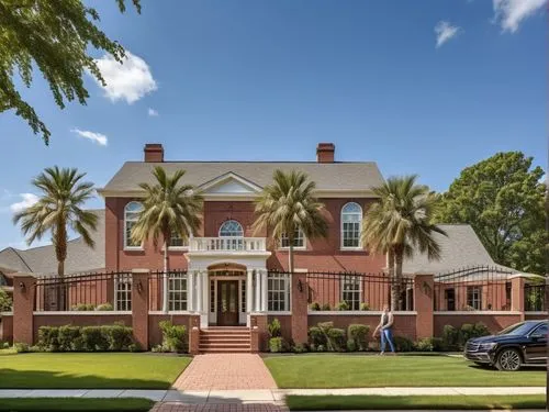 a large brick house with palm trees and landscaping,florida home,henry g marquand house,mizner,mansion,brick house,two story house,Photography,General,Realistic