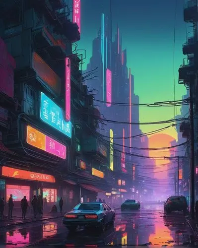 colorful city,cyberpunk,cityscape,futuristic landscape,shinjuku,tokyo city,neon arrows,fantasy city,tokyo,neon,evening city,neon lights,neon light,suburb,shanghai,neon ghosts,hanoi,taipei,kowloon,neon coffee,Illustration,Realistic Fantasy,Realistic Fantasy 12