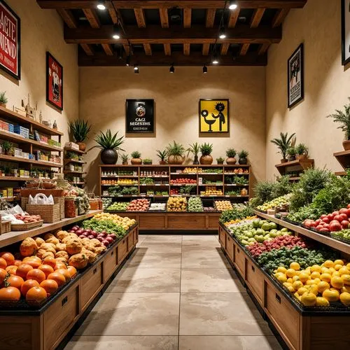 Vibrant grocery store, warm beige walls, rich wood accents, fresh produce stands, colorful fruit displays, natural stone flooring, earthy tones, modern signage, bold font labels, eclectic product arra