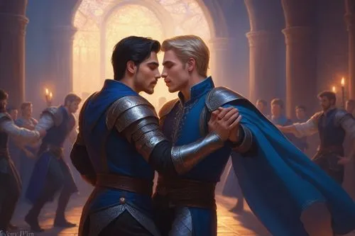 Mage and prince dancing; dark-haired gay prince kissing light haired boyfriend; short-haired masculine mage, short-haired masculine prince; gay kiss; gay romance; cute; handsome gay men,Two noblemen d