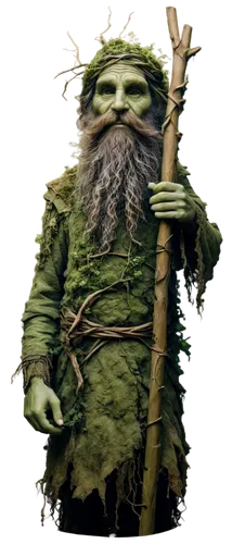 Ent, forest creature, wise eyes, long beard, green skin, vines wrapped around arms, worn wooden staff, detailed tree bark texture, moss-covered clothing, atmospheric lighting, misty surroundings, 3/4 