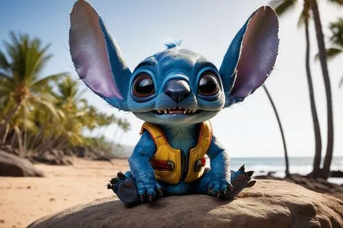 Stitch, realistic, detailed fur, large eyes, sharp teeth, blue skin, antennae, spaceship pilot, sitting on a rock, Hawaiian beach, palm trees, sunny day, clear sky, warm lighting, shallow depth of fie