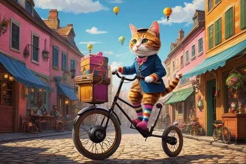 whimsical, fantasy, cartoon style, single cat, anthropomorphic, riding, unicycle, balance, concentration, whiskers, bright curious eyes, fluffy fur, pink nose, white paws, colorful striped socks, matc