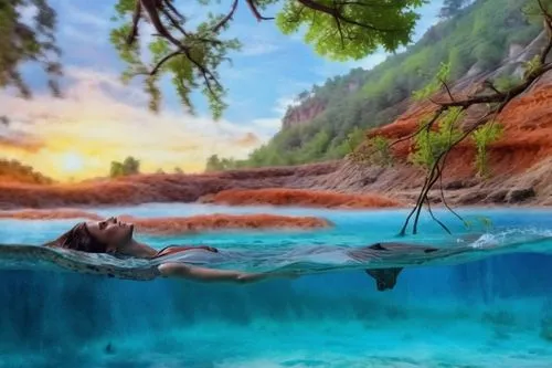 beautiful lady swimming, long hair , white vest in the water, wide view with waterfalls and green forest abanding,a girl swims underwater through water beneath a nch,supai,thermal spring,havasupai,hot