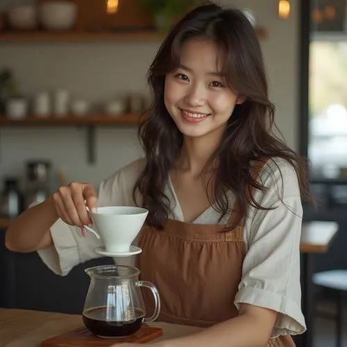 barista,woman drinking coffee,yunjin,woman at cafe,coffee tumbler,cappuccino