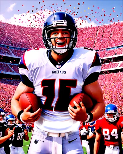 American football players, stadium scene, daytime, sunny weather, cheering crowd, athletic uniforms, helmets, shoulder pads, muscular arms, excited facial expressions, holding trophy, confetti falling