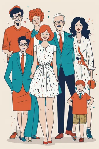 Compose a lighthearted comedy starring Justine Joli and a chaotic family reunion.,vector people,parents with children,herring family,families,parents and children,international family day,retro cartoo