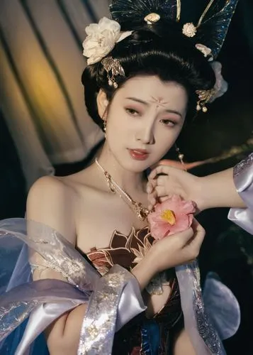 淫靡なる魔装,an oriental woman with a flower in her hand,oiran,diaochan,maiko,oriental princess,concubine,kuanyin,geishas,geisha girl,xiaofei,kunqu,geisha,jianyin,xiaoqing,japanese doll,hanfu,geiko,yangmei,